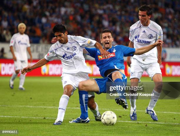 Carlos Zambrano of Schalke fouls Vedad Ibisevic of Hoffenheim during the Bundesliga match between 1899 Hoffenheim and FC Schalke 04 at Rhein-Neckar...