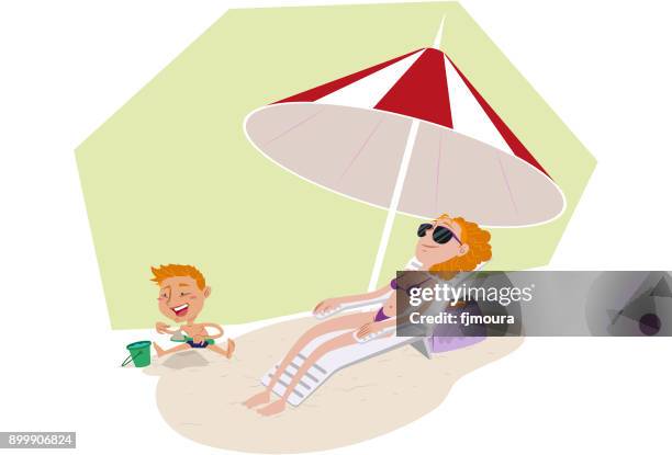 beach vacation with son - sunscreen child stock illustrations