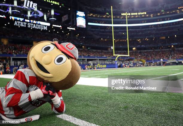 Brutus Buckeye the Ohio State Buckeyes mascot during the Goodyear Cotton Bowl at AT&T Stadium on December 29, 2017 in Arlington, Texas.