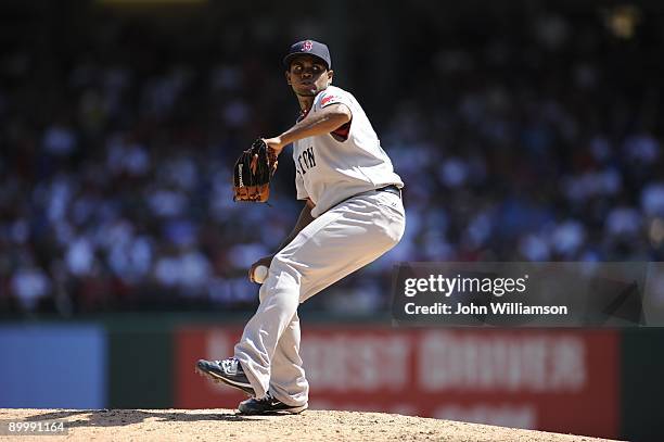 Ramon Ramirez of the Boston Red Sox pitches during the game against the Texas Rangers at Rangers Ballpark in Arlington in Arlington, Texas on Sunday,...