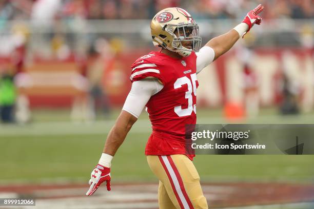 San Francisco 49ers safety Eric Reid celebrates a turnover recovery during an NFL game against the Jacksonville Jaguars on December 24, 2017 at...