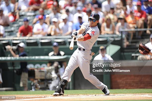 Jacoby Ellsbury of the Boston Red Sox bats during the game against the Texas Rangers at Rangers Ballpark in Arlington in Arlington, Texas on Sunday,...