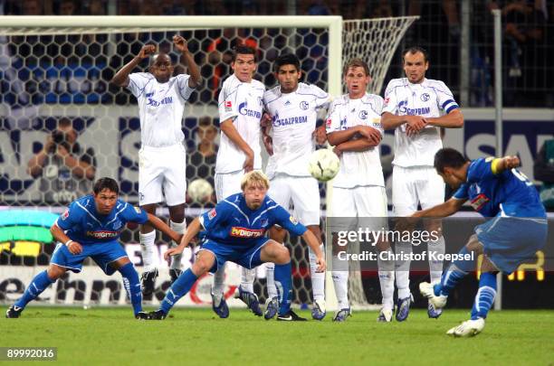 Sejad Salihovic of Hoffenheim shoots a free-kick during the Bundesliga match between 1899 Hoffenheim and FC Schalke 04 at Rhein-Neckar Arena on...