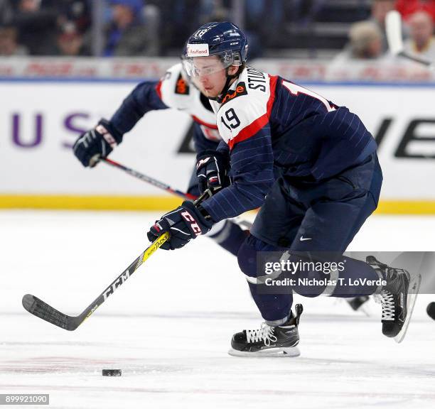 Marian Studenic of Slovakia skates the puck against Finland during the third period of play in the IIHF World Junior Championships at the KeyBank...