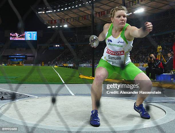 Dani Samuels of Australia competes in the women's Discus Throw Final during day seven of the 12th IAAF World Athletics Championships at the Olympic...