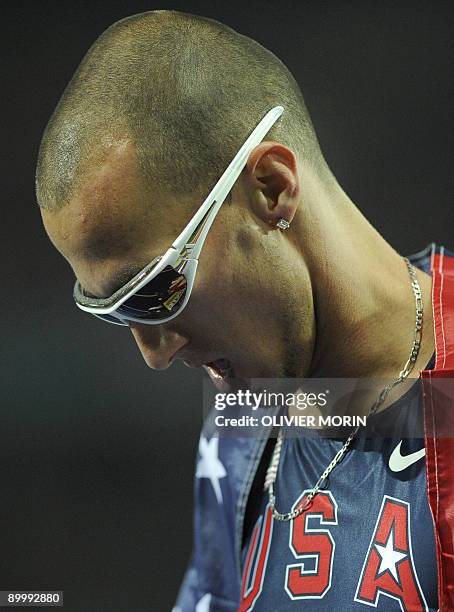 Jeremy Wariner celebrates placing second in the men's 400m final race of the 2009 IAAF Athletics World Championships on August 21, 2009 in Berlin....