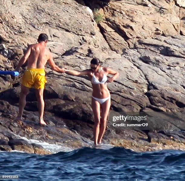 French president Nicolas Sarkozy and wife, Carla Bruni are seen at "le cap negre" on August 21, 2009 in Le Lavandou, France.