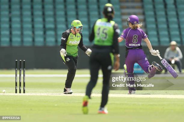 Rachel Priest of the Thunder celebrates the runout of Lauren Winfield of the Hurricanes by Harmanpreet Kaur of the Thunder during the Women's Big...