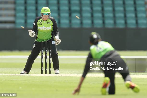 Rachel Priest of the Thunder celebrates the runout of Lauren Winfield of the Hurricanes by Harmanpreet Kaur of the Thunder during the Women's Big...