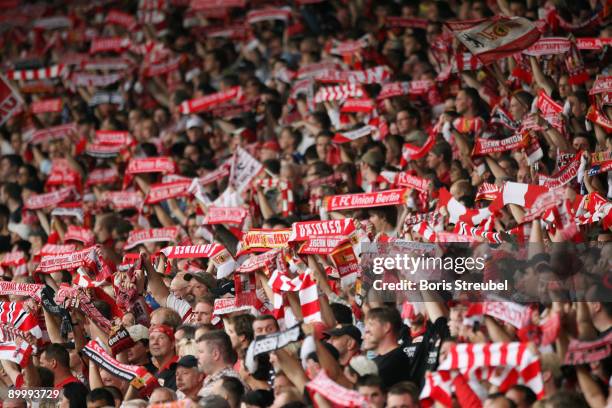 Berlin fans are seen prior to the Second Bundesliga match between 1. FC Union Berlin and Hansa Rostock at the stadium An der Alten Foersterei on...