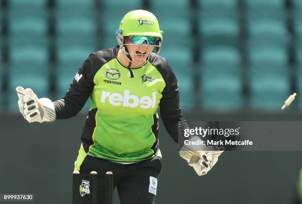 Rachel Priest of the Thunder celebrates the runout of Lauren Winfield of the Hurricanes by Harmanpreet Kaur of the Thunder during the Women's Big...