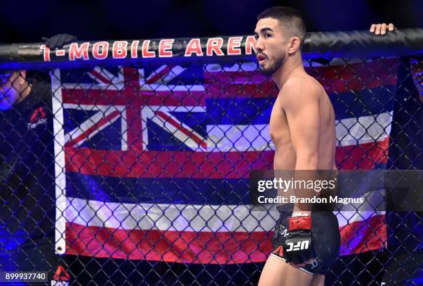 Louis Smolka prepares to face Matheus Nicolau of Brazil in their flyweight bout during the UFC 219 event inside T-Mobile Arena on December 30, 2017...