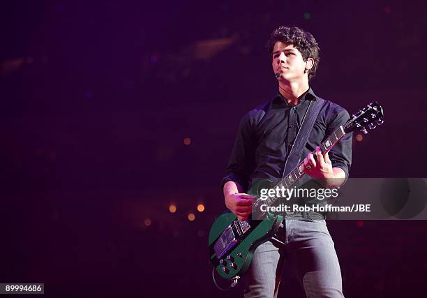 Nick Jonas of the Jonas Brothers performs at Time Warner Cable Arena on August 21, 2009 in Charlotte, North Carolina.