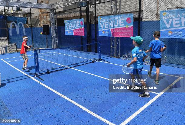 Young boys play tennis during Kids Day at the 2018 Brisbane International at Pat Rafter Arena on December 31, 2017 in Brisbane, Australia.
