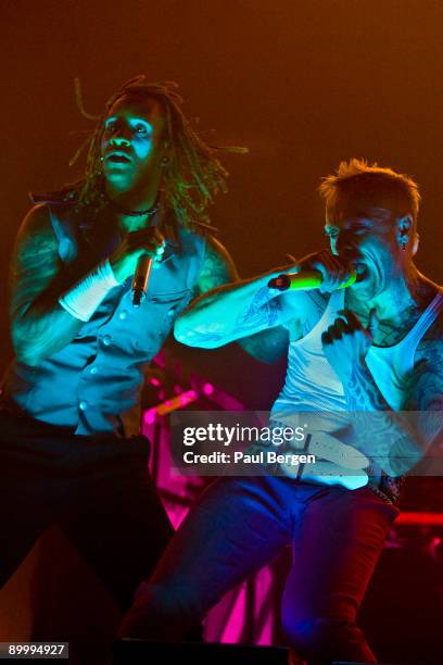 Maxim Reality and Keith Flint of The Prodigy perform during the first day of Lowlands festival at Evenemententerrein Walibi World on August 21, 2009...