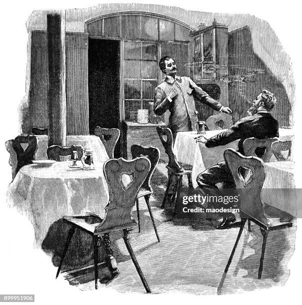 discussion of two men in pub with beer - 1896 - men drinking beer stock illustrations