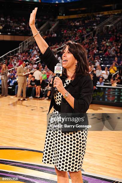 President Donna Orender speaks to the Phoenix Mercury fans prior to the Phoenix Mercury vs Washington Mystics in an WNBA game played on August 21,...