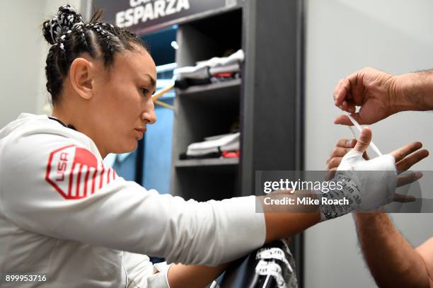 Carla Esparza has her hands wrapped prior to her bout against Cynthia Calvillo during the UFC 219 event inside T-Mobile Arena on December 30, 2017 in...