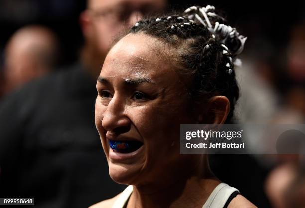 Carla Esparza prepares to fight Cynthia Calvillo in their women's strawweight bout during the UFC 219 event inside T-Mobile Arena on December 30,...