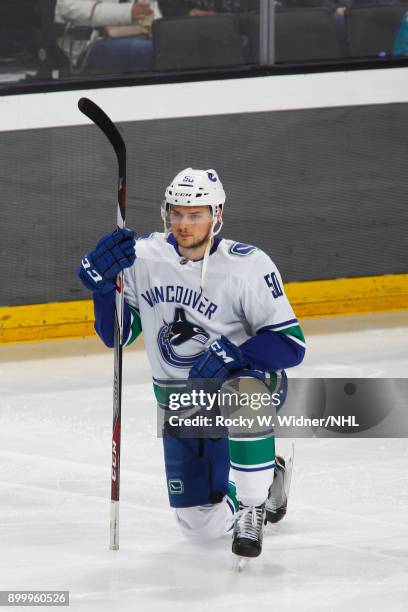 Brendan Gaunce of the Vancouver Canucks looks on during the game against the San Jose Sharks at SAP Center on December 21, 2017 in San Jose,...