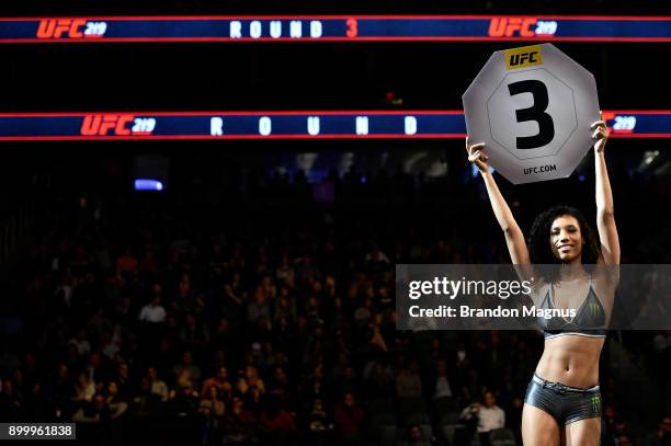 Octagon Girl Brooklyn Wren introduces a round during the UFC 219 event inside T-Mobile Arena on December 30, 2017 in Las Vegas, Nevada.