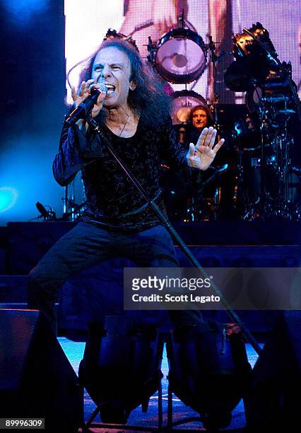 Ronnie James Dio of Heaven and Hell performs at the Meadow Brook Amphitheatre on August 21, 2009 in Rochester Hills, Michigan.