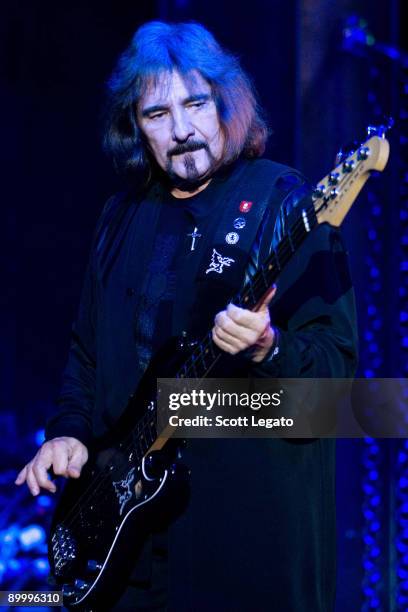 Geezer Butler of Heaven and Hell performs at the Meadow Brook Amphitheatre on August 21, 2009 in Rochester Hills, Michigan.