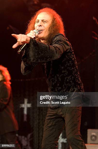 Ronnie James Dio of Heaven and Hell performs at the Meadow Brook Amphitheatre on August 21, 2009 in Rochester Hills, Michigan.