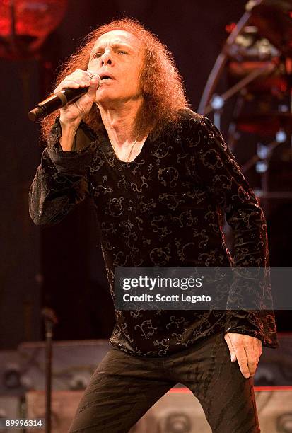 Ronnie James Dio of Heaven and Hell performs at the Meadow Brook Amphitheatre on August 21, 2009 in Rochester Hills, Michigan.