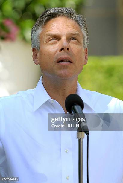 Jon Huntsman, the new US ambassador to China speaks to the media during a news briefing at his residence in Beijing on August 22, 2009. Barack Obama...