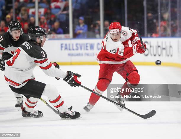 David Madsen of Denmark shoots the puck past Conor Timmins of Canada during the second period of play in the IIHF World Junior Championships at the...