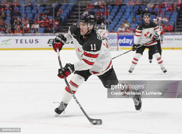 Jonah Gadjovich of Canada shoots the puck against Denmark during the third period of play in the IIHF World Junior Championships at the KeyBank...