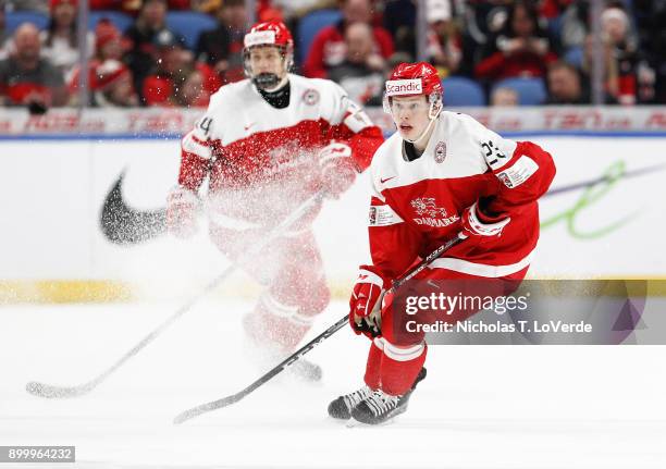 David Madsen of Denmark skates against Canada during the second period of play in the IIHF World Junior Championships at the KeyBank Center on...