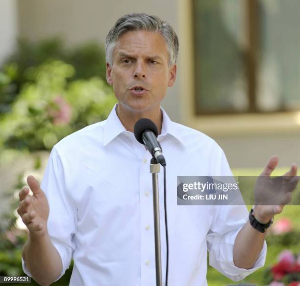 Jon Huntsman, the new US ambassador to China speaks to the media during a news briefing at his residence in Beijing on August 22, 2009. Barack Obama...