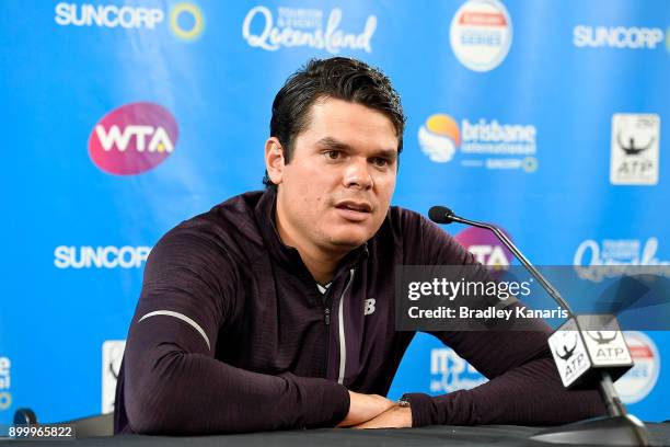 Milos Raonic of Canada speaks at a press conference during day one at the 2018 Brisbane International at Pat Rafter Arena on December 31, 2017 in...