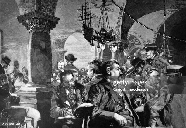 scene in restaurants with drinking men - 1896 - pub interior stock illustrations