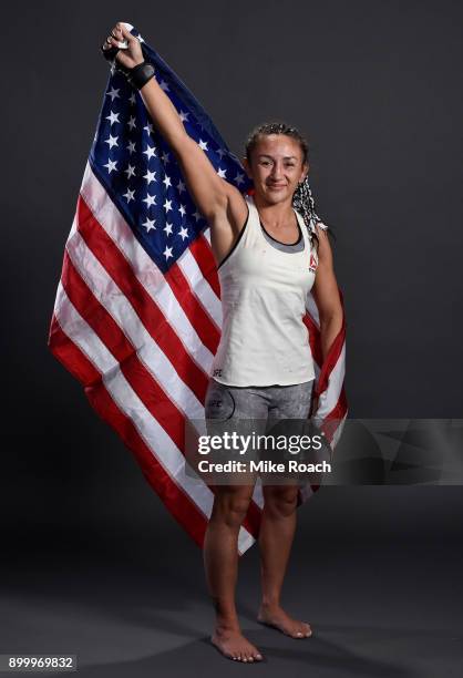 Carla Esparza poses for a portrait backstage after her victory over Cynthia Calvillo during the UFC 219 event inside T-Mobile Arena on December 30,...