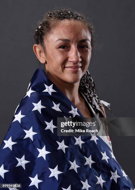 Carla Esparza poses for a portrait backstage after her victory over Cynthia Calvillo during the UFC 219 event inside T-Mobile Arena on December 30,...