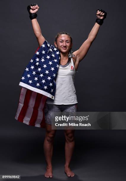 Carla Esparza poses for a portrait backstage after her victory over Cynthia Calvillo during the UFC 219 event inside T-Mobile Arena on December 30,...