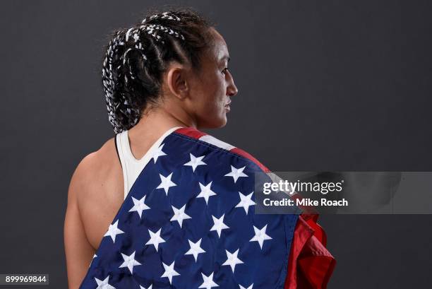 Carla Esparza poses for a portrait backstage after her victory over Cynthia Calvillo during the UFC 219 event inside T-Mobile Arena on December 30,...