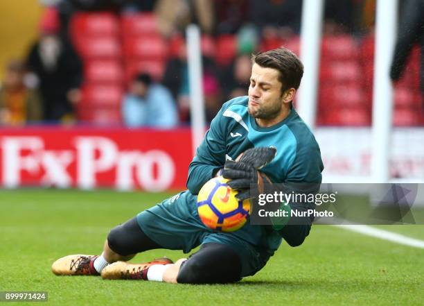 Swansea City's Lukasz Fabianski during the pre-match warm-up during Premier League match between Watford and Swansea City at Vicarage Road Stadium,...