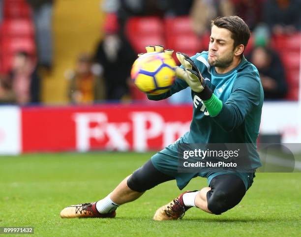 Swansea City's Lukasz Fabianski during the pre-match warm-up during Premier League match between Watford and Swansea City at Vicarage Road Stadium,...