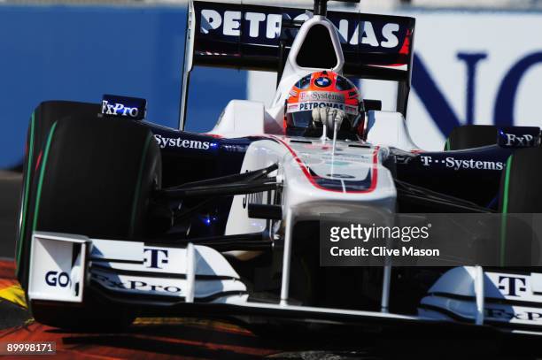 Robert Kubica of Poland and BMW Sauber drives during the final practice session prior to qualifying for the European Formula One Grand Prix at the...