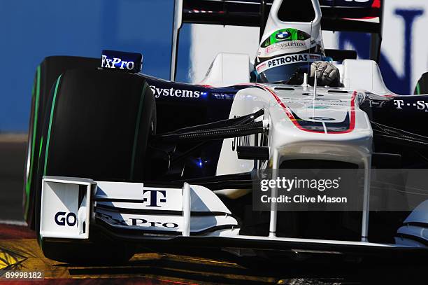 Nick Heidfeld of Germany and BMW Sauber drives during the final practice session prior to qualifying for the European Formula One Grand Prix at the...