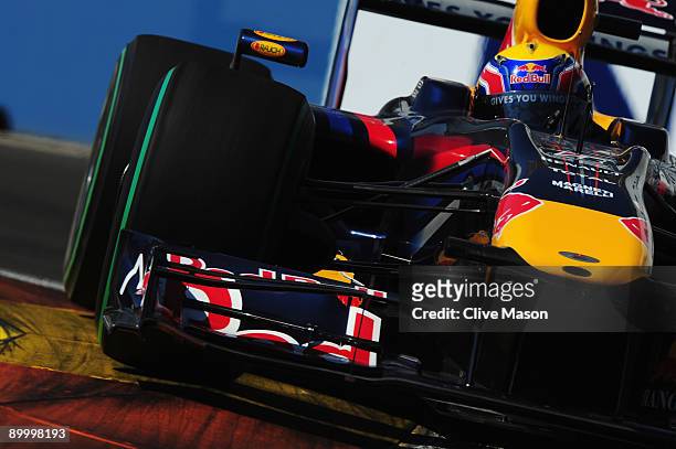 Mark Webber of Australia and Red Bull Racing drives during the final practice session prior to qualifying for the European Formula One Grand Prix at...