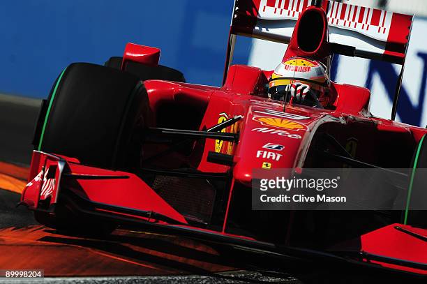 Luca Badoer of Italy and Ferrari drives during the final practice session prior to qualifying for the European Formula One Grand Prix at the Valencia...