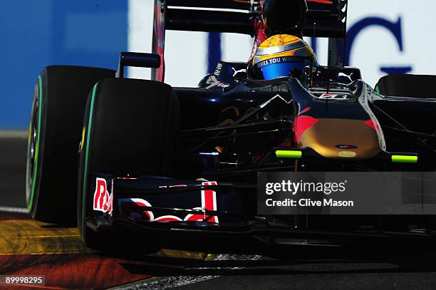 Sebastien Buemi of Switzerland and Scuderia Toro Rosso drives during the final practice session prior to qualifying for the European Formula One...