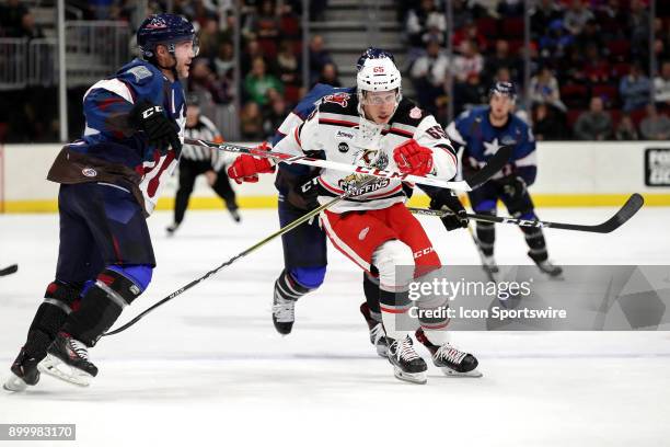 Grand Rapids Griffins right wing Dominik Shine passes Cleveland Monsters defenceman Andre Benoit as he follows the puck into the corner during the...