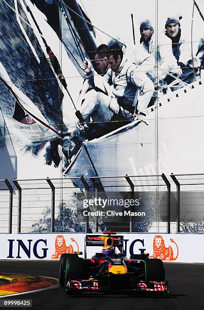 Mark Webber of Australia and Red Bull Racing drives during the final practice session prior to qualifying for the European Formula One Grand Prix at...