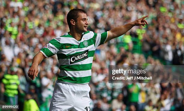 Shaun Maloney of Celtic celebrates after scoring during the Clydesdale Bank Scottish Premier league match between Celtic and St Johnstone at Celtic...